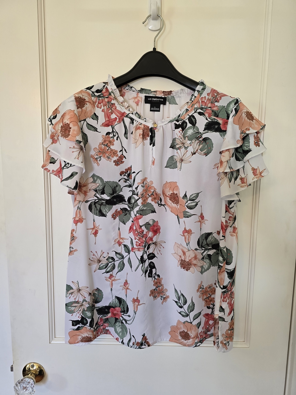Liz Claiborne White Floral Ruffle Sleeve Blouse LARGE